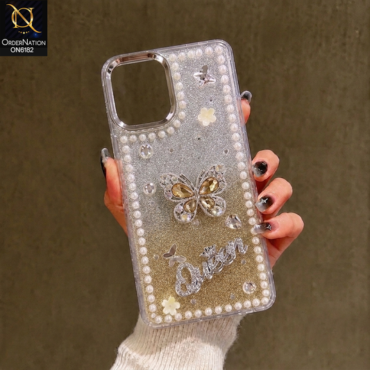 Realme Note 50 Cover - Yellow - Shiny Glitter Pearl Border Phone Case with Premium 3D Rhinestone Crown Style Back Cover