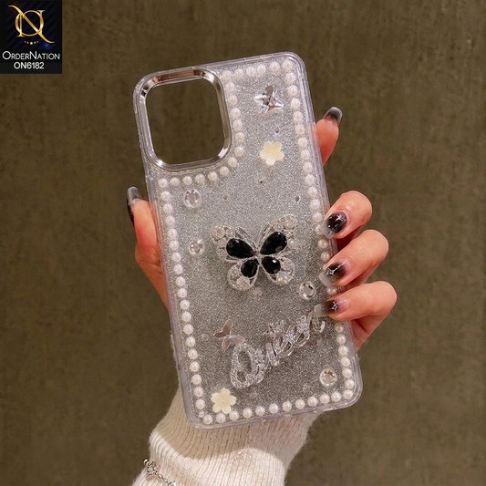 Realme Note 50 Cover - Black - Shiny Glitter Pearl Border Phone Case with Premium 3D Rhinestone Crown Style Back Cover