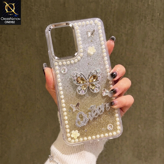 Vivo Y03t Cover - Yellow - Shiny Glitter Pearl Border Phone Case with Premium 3D Rhinestone Crown Style Back Cover