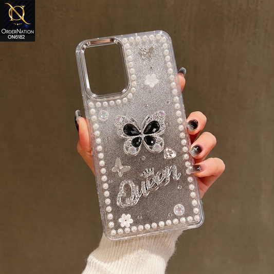 Vivo Y03t Cover - Black - Shiny Glitter Pearl Border Phone Case with Premium 3D Rhinestone Crown Style Back Cover