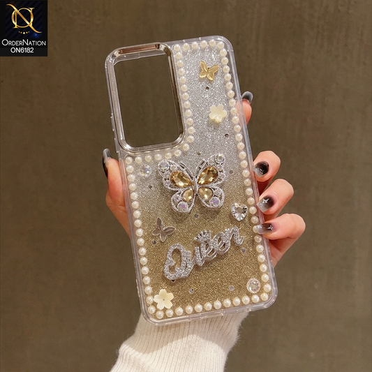 Infinix Hot 50 4G Cover - Yellow - Shiny Glitter Pearl Border Phone Case with Premium 3D Rhinestone Crown Style Back Cover