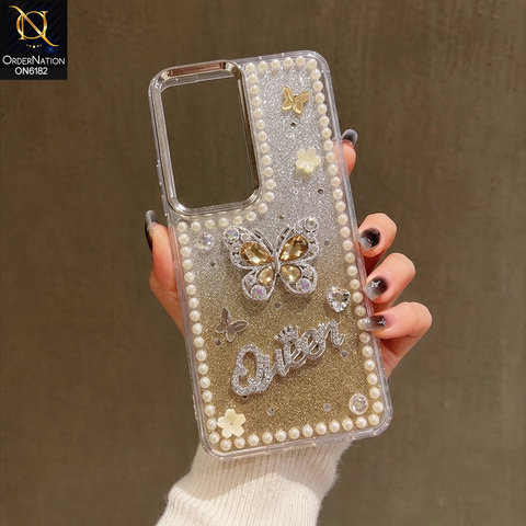 Infinix Hot 60i 4G Cover - Yellow - Shiny Glitter Pearl Border Phone Case with Premium 3D Rhinestone Crown Style Back Cover