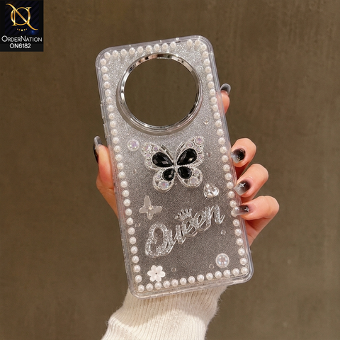 Oppo Reno 12F Cover - Black - Shiny Glitter Pearl Border Phone Case with Premium 3D Rhinestone Crown Style Back Cover