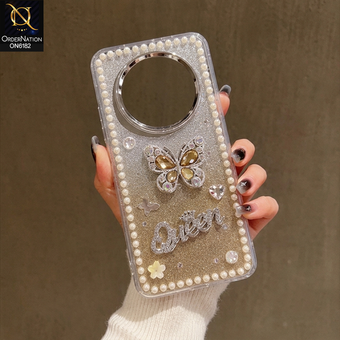 Oppo F27 Cover - Yellow - Shiny Glitter Pearl Border Phone Case with Premium 3D Rhinestone Crown Style Back Cover