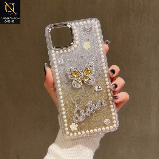 Oppo A16e Cover - Yellow - Shiny Glitter Pearl Border Phone Case with Premium 3D Rhinestone Crown Style Back Cover