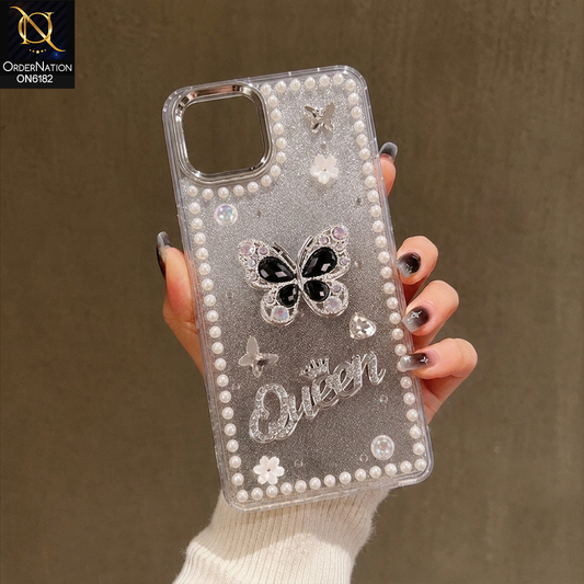 Oppo A16e Cover - Black - Shiny Glitter Pearl Border Phone Case with Premium 3D Rhinestone Crown Style Back Cover
