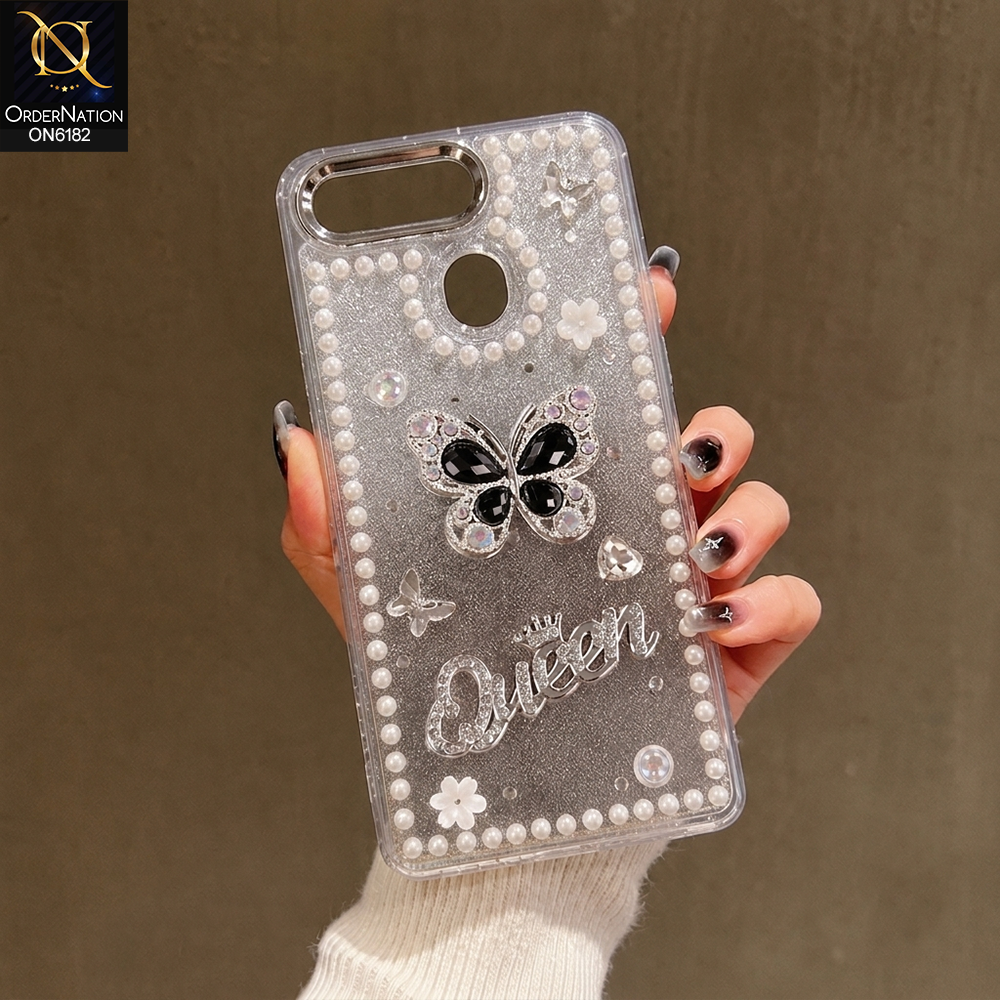 Oppo A12s Cover - Black - Shiny Glitter Pearl Border Phone Case with Premium 3D Rhinestone Crown Style Back Cover