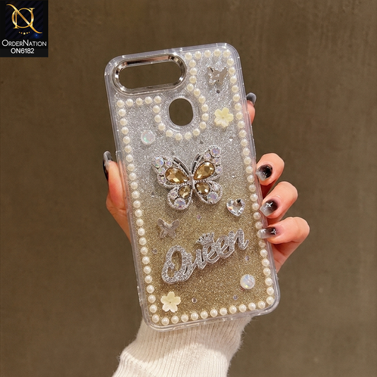 Oppo A12 Cover - Yellow - Shiny Glitter Pearl Border Phone Case with Premium 3D Rhinestone Crown Style Back Cover