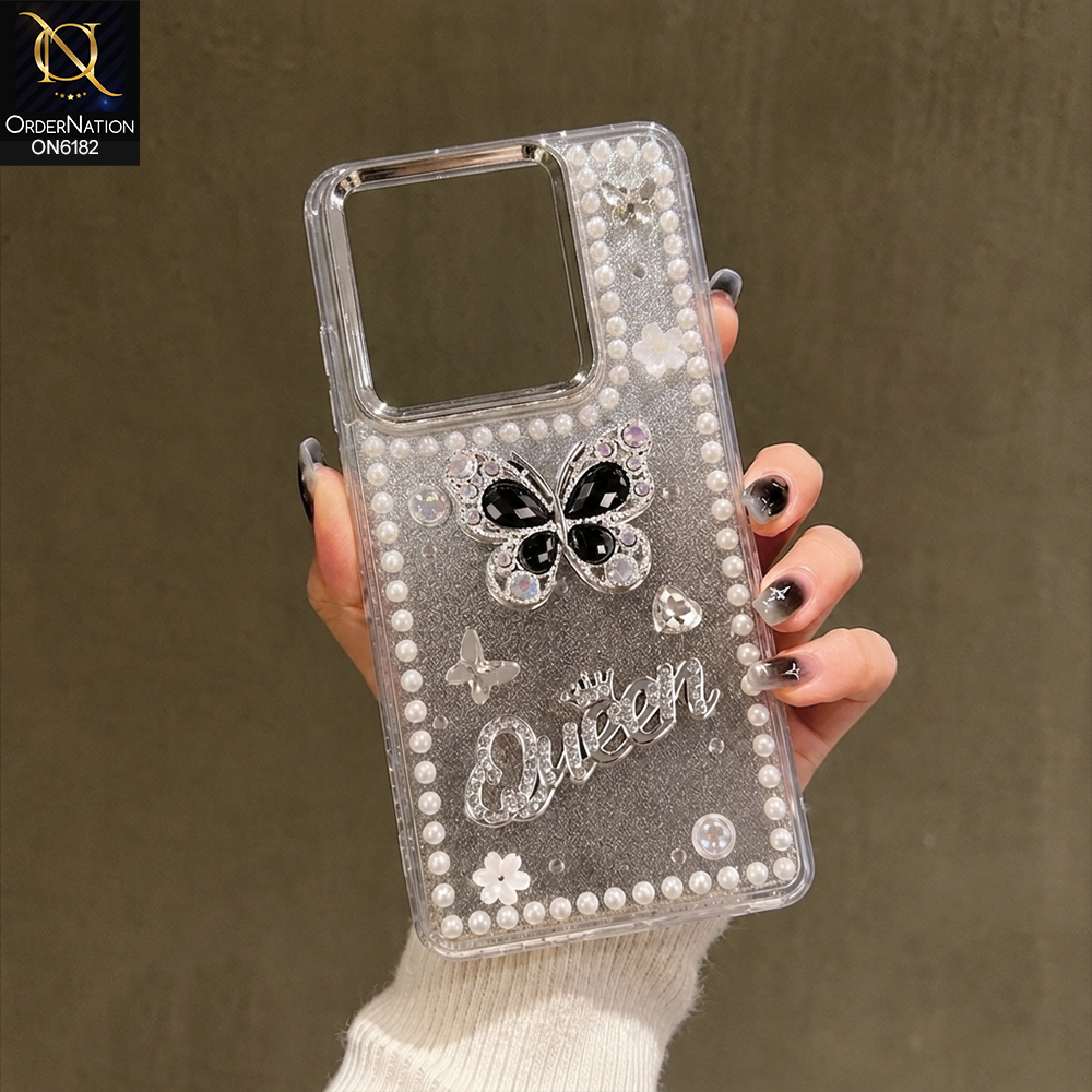 Tecno Spark 20 Cover - Black - Shiny Glitter Pearl Border Phone Case with Premium 3D Rhinestone Crown Style Back Cover