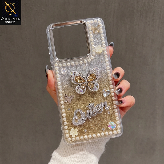 Infinix Smart 9 HD Cover - Yellow - Shiny Glitter Pearl Border Phone Case with Premium 3D Rhinestone Crown Style Back Cover