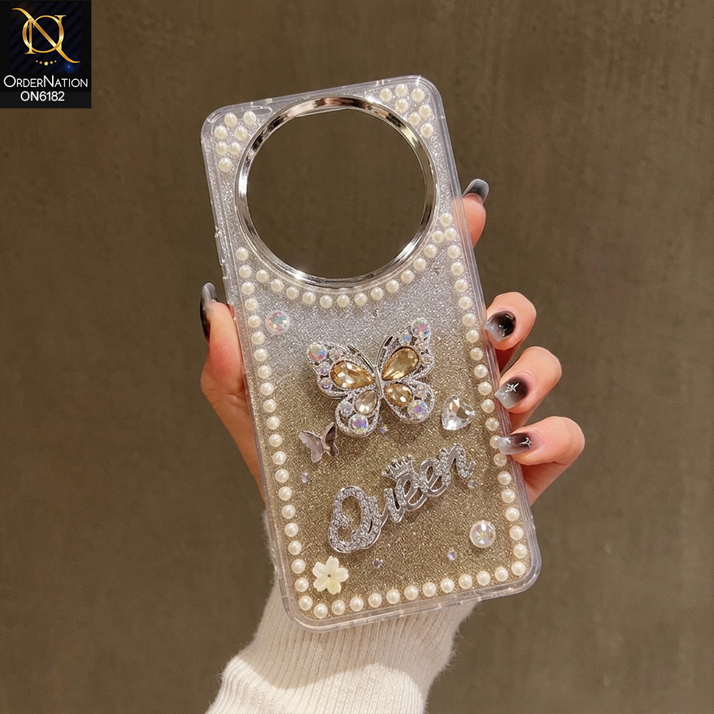 Xiaomi Redmi A3x Cover - Yellow - Shiny Glitter Pearl Border Phone Case with Premium 3D Rhinestone Crown Style Back Cover