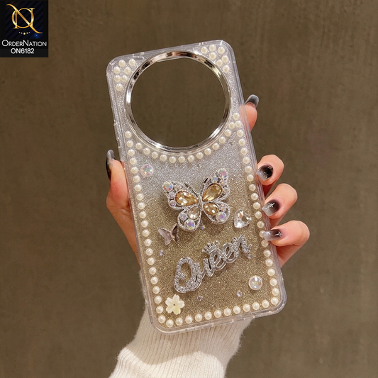 Xiaomi Redmi A3 Cover - Yellow - Shiny Glitter Pearl Border Phone Case with Premium 3D Rhinestone Crown Style Back Cover