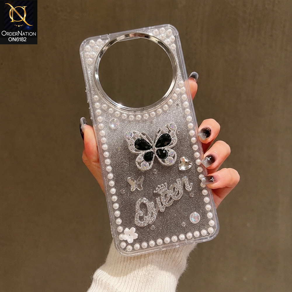 Xiaomi Redmi 14R Cover - Black - Shiny Glitter Pearl Border Phone Case with Premium 3D Rhinestone Crown Style Back Cover