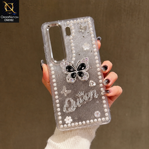 Tecno Camon 40 Pro Cover - Black - Shiny Glitter Pearl Border Phone Case with Premium 3D Rhinestone Crown Style Back Cover