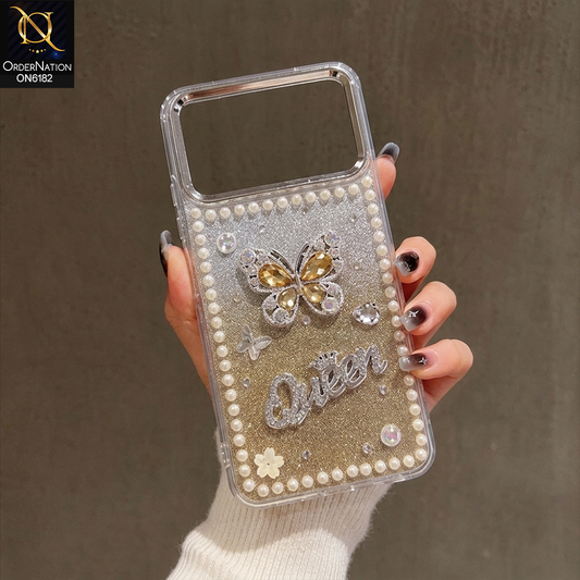 Tecno Spark 40 Cover - Yellow - Shiny Glitter Pearl Border Phone Case with Premium 3D Rhinestone Crown Style Back Cover