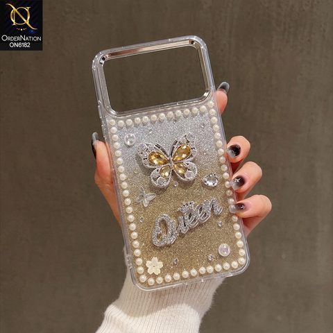 Tecno Spark 40 Cover - Yellow - Shiny Glitter Pearl Border Phone Case with Premium 3D Rhinestone Crown Style Back Cover