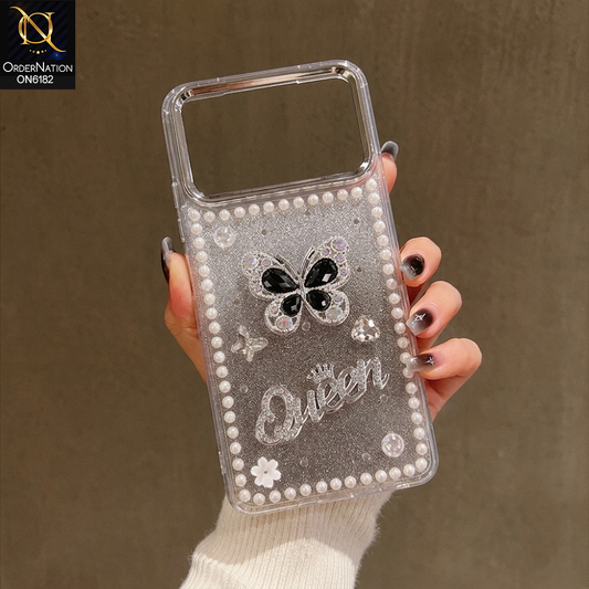 Tecno Spark 40 Cover - Black - Shiny Glitter Pearl Border Phone Case with Premium 3D Rhinestone Crown Style Back Cover
