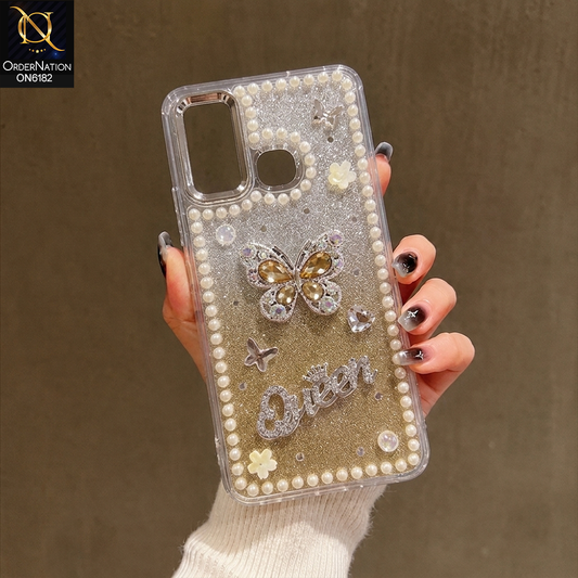 Tecno Camon 15 Cover - Yellow - Shiny Glitter Pearl Border Phone Case with Premium 3D Rhinestone Crown Style Back Cover