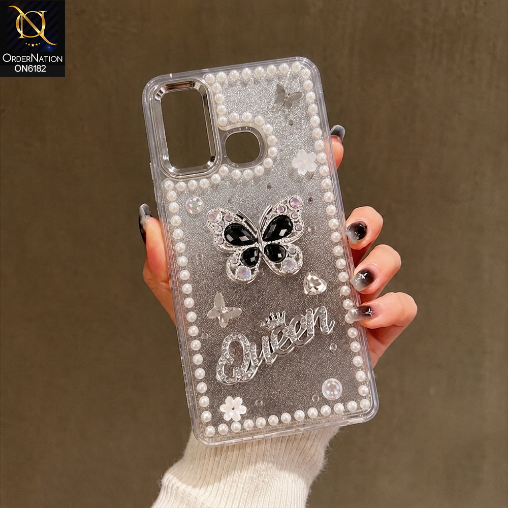 Infinix Hot 9 Play Cover - Black - Shiny Glitter Pearl Border Phone Case with Premium 3D Rhinestone Crown Style Back Cover