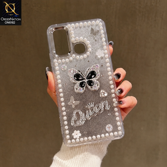Tecno Camon 15 Cover - Black - Shiny Glitter Pearl Border Phone Case with Premium 3D Rhinestone Crown Style Back Cover