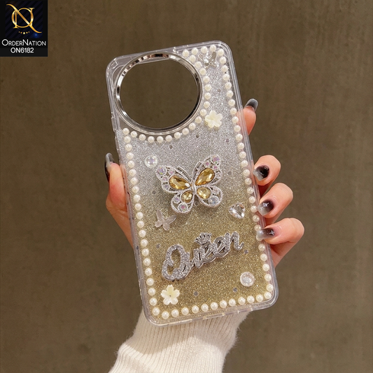 Tecno Spark 30 Pro Cover - Yellow - Shiny Glitter Pearl Border Phone Case with Premium 3D Rhinestone Crown Style Back Cover