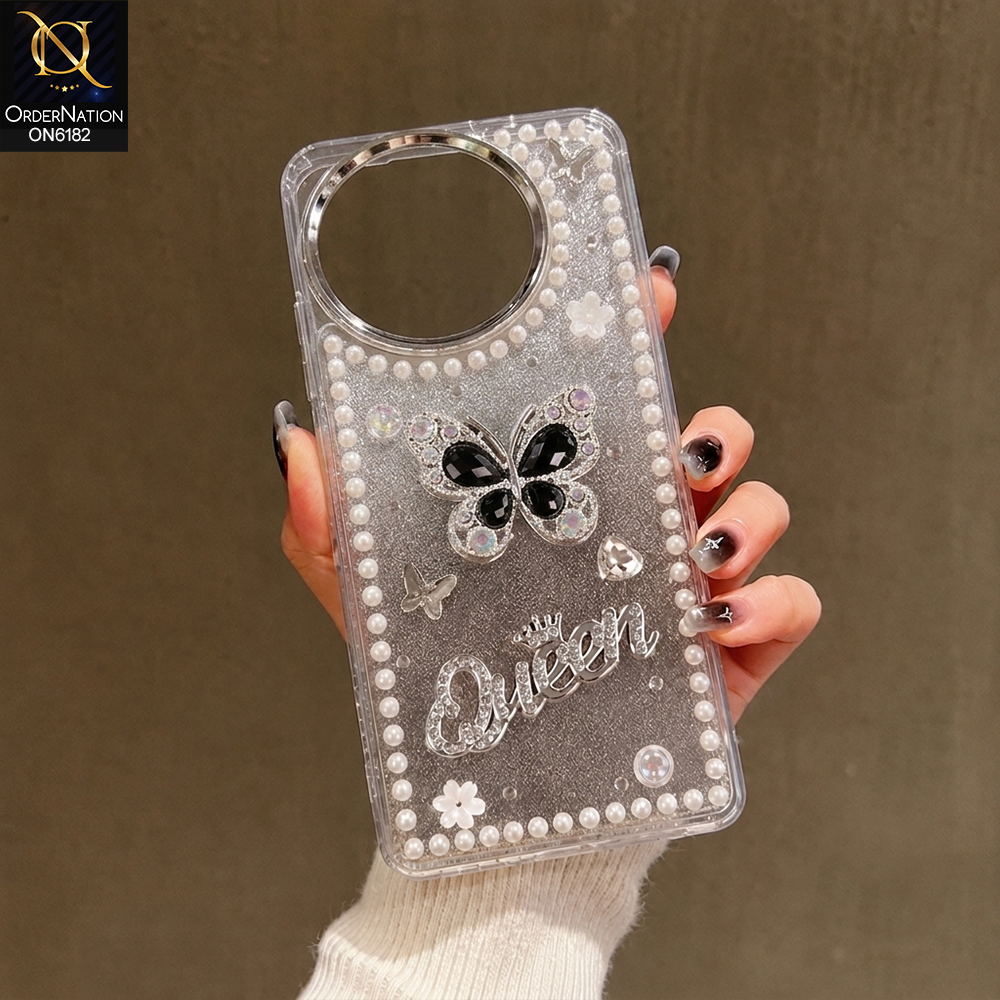 Tecno Spark 30 Pro Cover - Black - Shiny Glitter Pearl Border Phone Case with Premium 3D Rhinestone Crown Style Back Cover