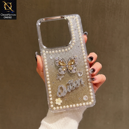Infinix Hot 40 Cover - Yellow - Shiny Glitter Pearl Border Phone Case with Premium 3D Rhinestone Crown Style Back Cover