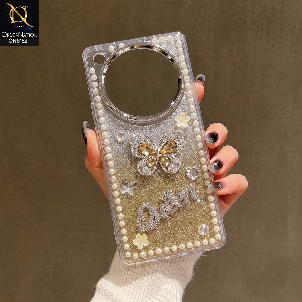 Infinix Zero 40 4G Cover - Yellow - Shiny Glitter Pearl Border Phone Case with Premium 3D Rhinestone Crown Style Back Cover