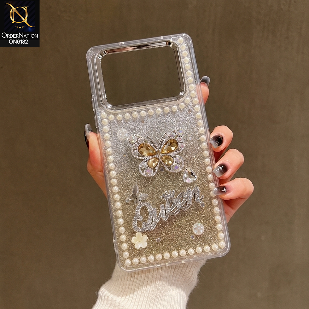 Infinix Note 40 Cover - Yellow - Shiny Glitter Pearl Border Phone Case with Premium 3D Rhinestone Crown Style Back Cover