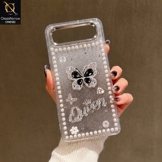 Infinix Smart 10 Plus Cover - Black - Shiny Glitter Pearl Border Phone Case with Premium 3D Rhinestone Crown Style Back Cover