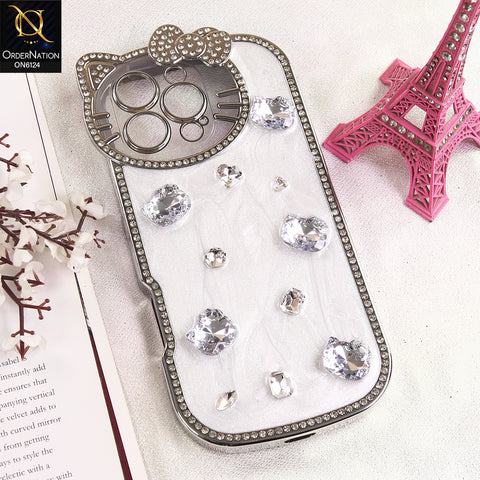iPhone 16 Pro Max Cover - White - Premium Sparkling Crystal Rhinestone Cute Bow Design with Pearl and Glitter Back phone case