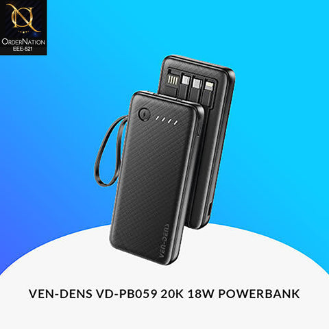 VEN-DENS - VD-PB059 - 20000mAh Power Bank with Built-In Charging Cables | Compact Portable Fast Charging Battery Pack