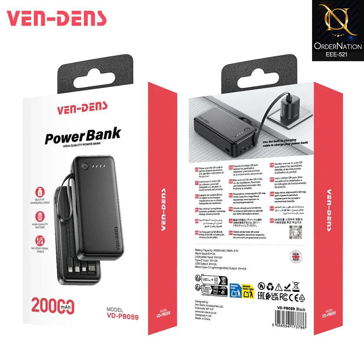 VEN-DENS - VD-PB059 - 20000mAh Power Bank with Built-In Charging Cables | Compact Portable Fast Charging Battery Pack