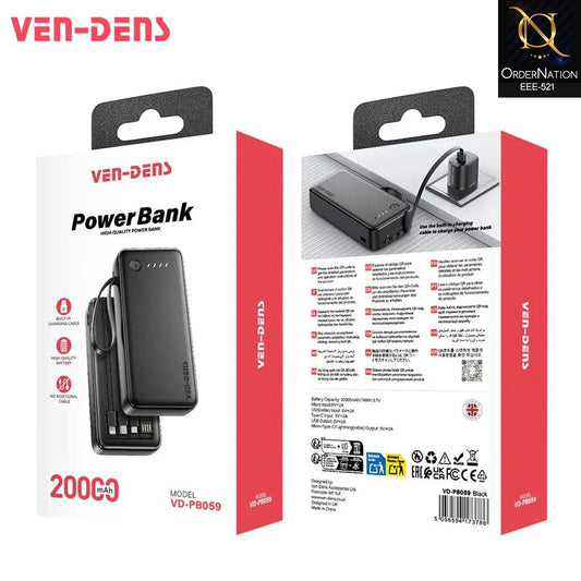 VEN-DENS - VD-PB059 - 20000mAh Power Bank with Built-In Charging Cables | Compact Portable Fast Charging Battery Pack