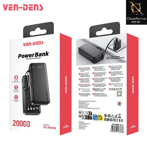 VEN-DENS - VD-PB059 - 20000mAh Power Bank with Built-In Charging Cables | Compact Portable Fast Charging Battery Pack