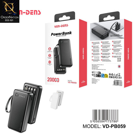 VEN-DENS - VD-PB059 - 20000mAh Power Bank with Built-In Charging Cables | Compact Portable Fast Charging Battery Pack