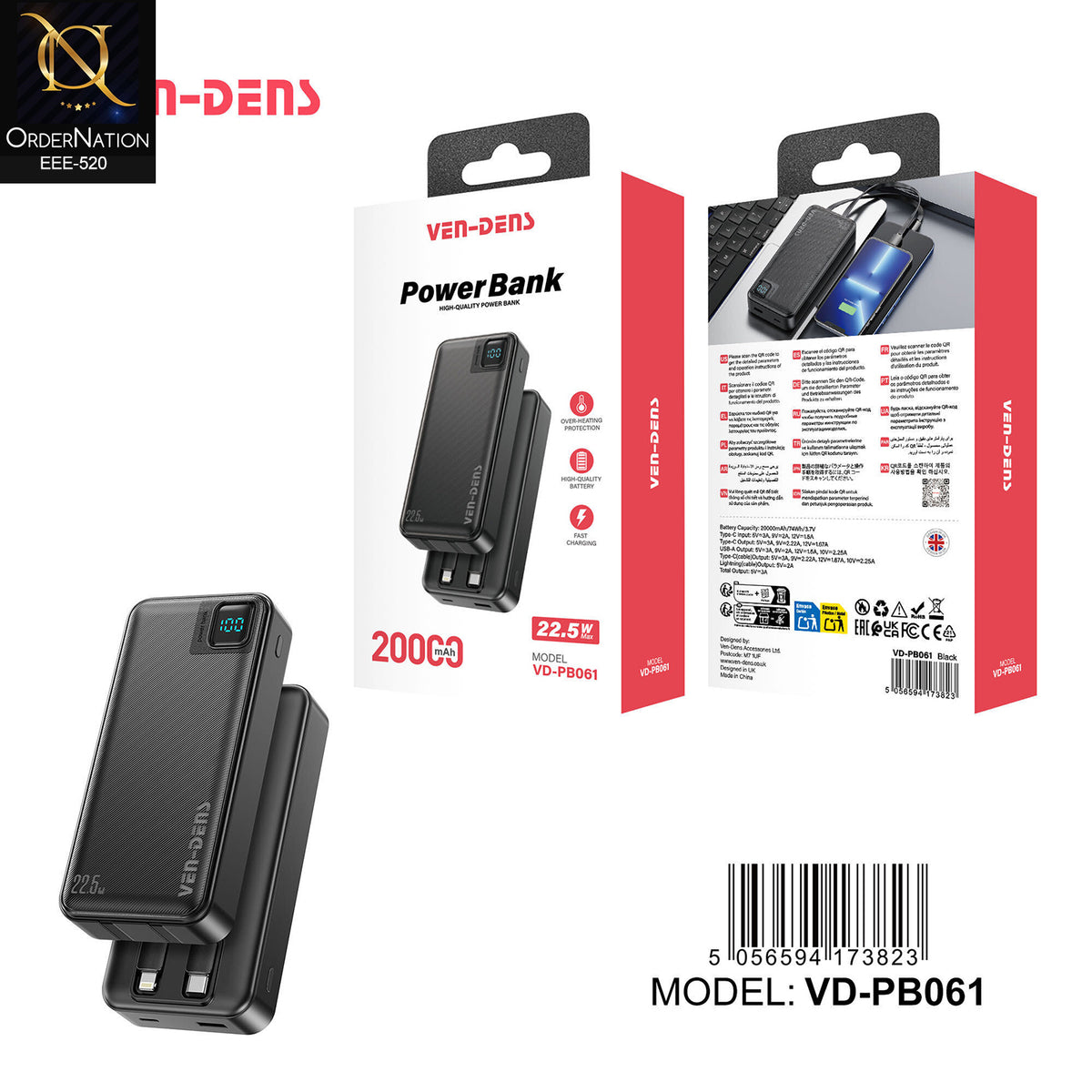 VEN-DENS - VD-PB061 - 20000mAh 22.5W Fast Charging Power Bank with Built-In Cables & Digital Display