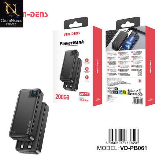 VEN-DENS - VD-PB061 - 20000mAh 22.5W Fast Charging Power Bank with Built-In Cables & Digital Display