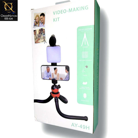 AY-49H Video Making Kit Model B – Mobile Vlogging Kit with Tripod, LED Light & Microphone for YouTube, TikTok & Live Streaming