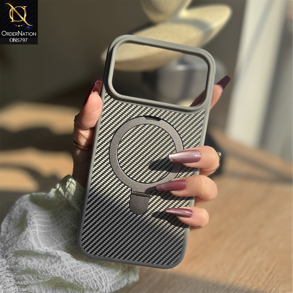 iPhone 17 Pro Max Cover - Gray - New Classic Premium Qulity Tpu Carbon Fiber Texture Case With Metal KickStand