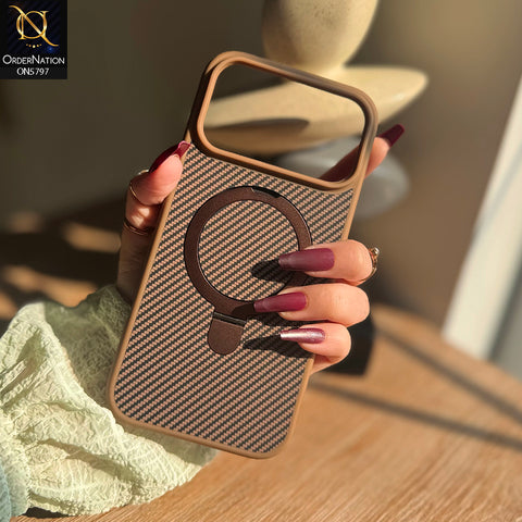 iPhone 17 Pro Max Cover - Brown - New Classic Premium Qulity Tpu Carbon Fiber Texture Case With Metal KickStand