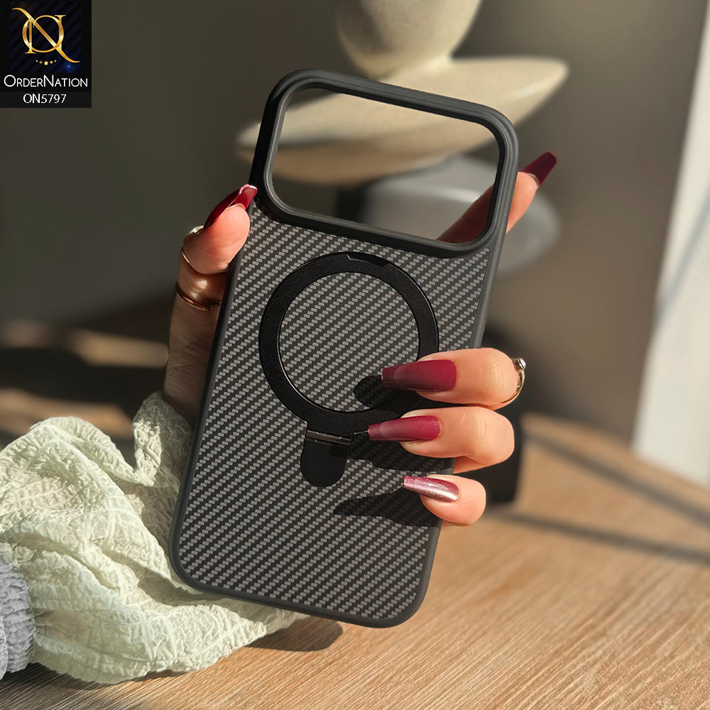 iPhone 17 Pro Max Cover - Black - New Classic Premium Qulity Tpu Carbon Fiber Texture Case With Metal KickStand