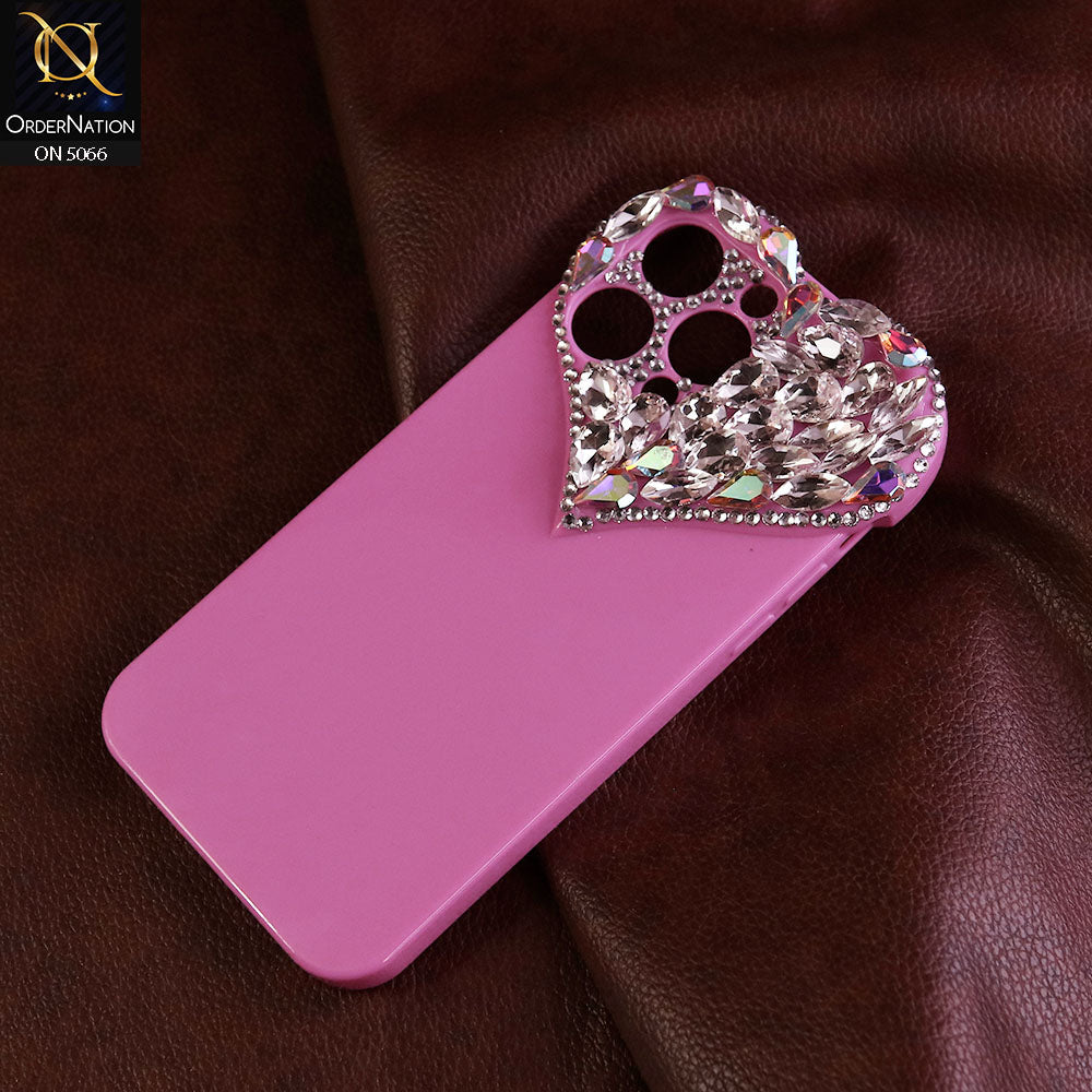iPhone 15 Pro Max Cover - Dark Pink - Bling Rhinestones 3D Heart Candy Colour Shiny Soft TPU Case