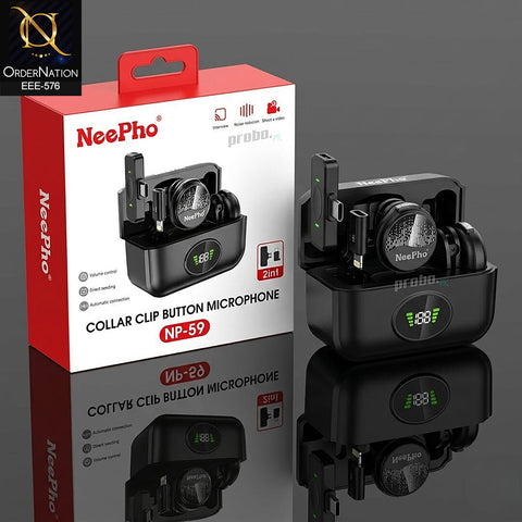 NeePho NP-59 2-in-1 Wireless Collar Clip Button Microphone with Digital Display Charging Case for Type-C & Lightning