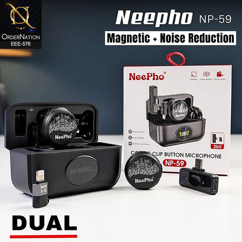 NeePho NP-59 2-in-1 Wireless Collar Clip Button Microphone with Digital Display Charging Case for Type-C & Lightning