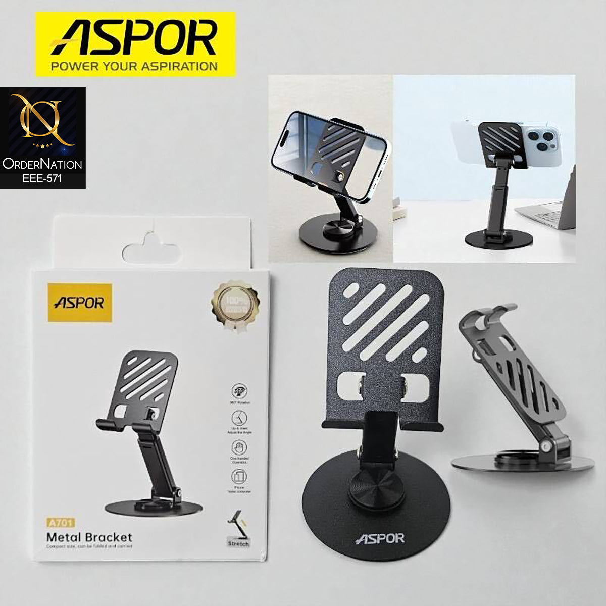 Aspor A701 Metal Bracket Adjustable Foldable Desktop Phone & Tablet Stand – Universal Mobile Holder