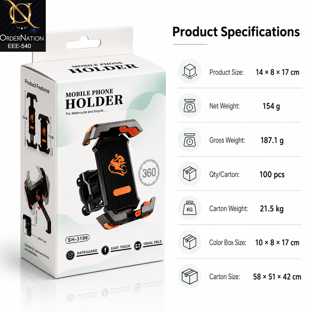 Universal Motorcycle & Bicycle Phone Mount - SH-3186 (360° Rotation)