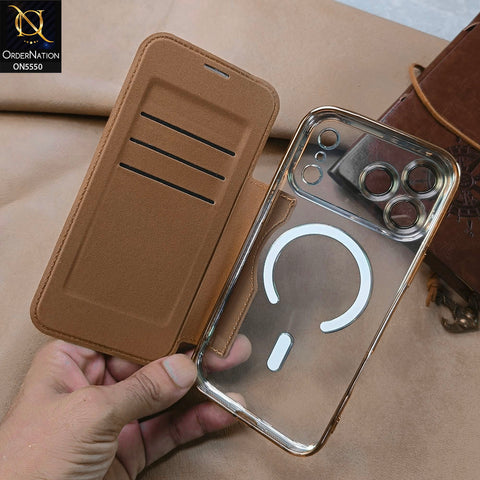 iPhone 17 Pro Max Cover - Brown -  New Luxurious High Quality Clear And Leather Flip Book With MagSafe And Camera Protecttion