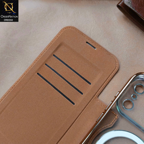 iPhone 17 Pro Max Cover - Brown -  New Luxurious High Quality Clear And Leather Flip Book With MagSafe And Camera Protecttion