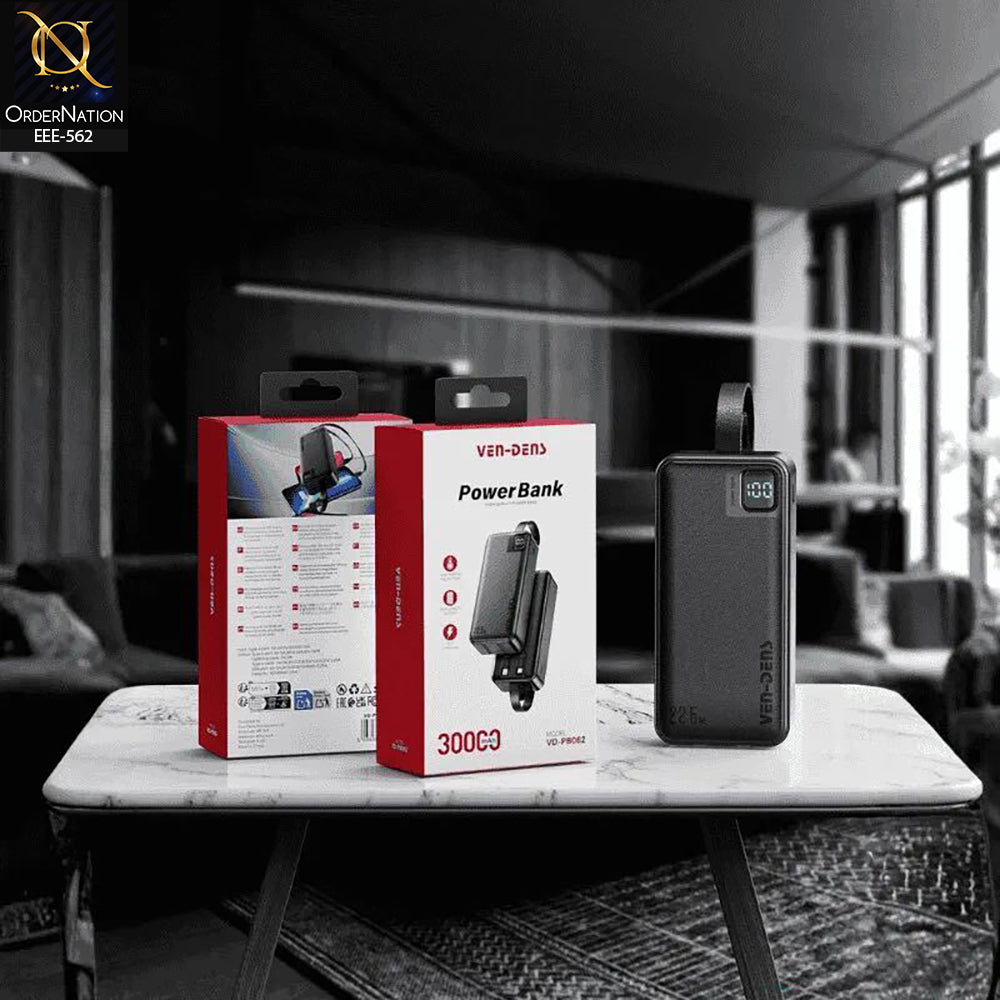 VEN-DENS VD-PB062 30000mAh High-Capacity Power Bank with Digital Display & Built-In Charging Cables